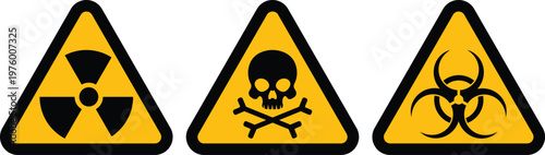 Hazard warning signs: radioactive material caution, poison hazard sign, biohazard industrial safety symbol