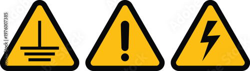Hazard warning signs: lightning high voltage warning, general caution sign, electrical grounding hazard industrial safety symbol