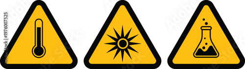Hazard warning signs: thermal risk hazard, laser exposure sign, chemical chain hazard industrial safety symbol