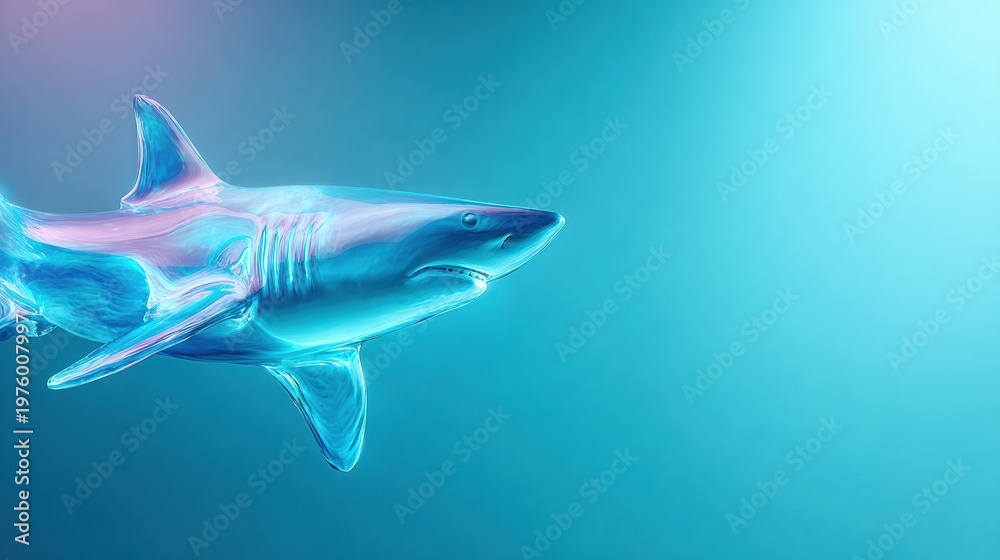 Obraz premium Iridescent blue shark swimming in turquoise water with wide copy space underwater background