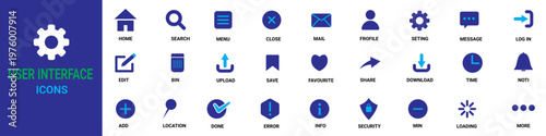 User interference icon set. Including home, search, menu, mail, profile, setting, message, edit etc. vector illustration.