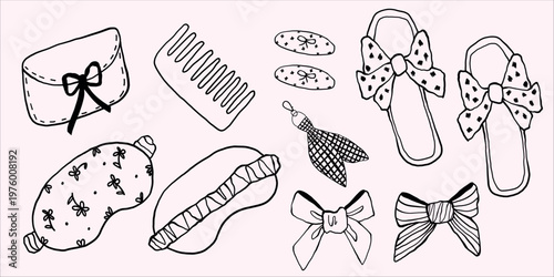 Cozy Line art Pajama Party Vector Set: Sleep Mask, Slippers, Hair Accessories, and Beauty Essentials Doodles