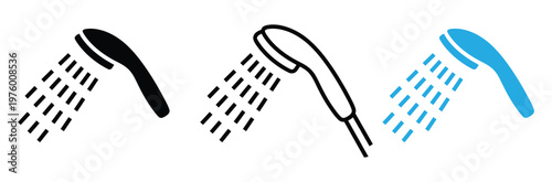 Shower head icons in black, White and blue with water spray for bathroom and plumbing design