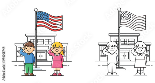 Children Saluting the American Flag at School Cartoon Vector Illustration and Coloring Page for Patriotic Holidays and Educational Activities.