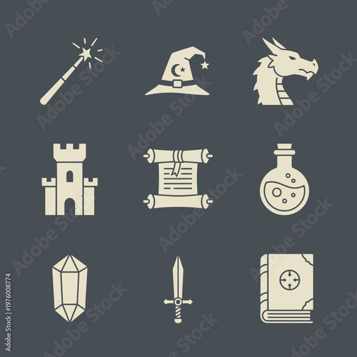 Fantasy icons and magical symbols.