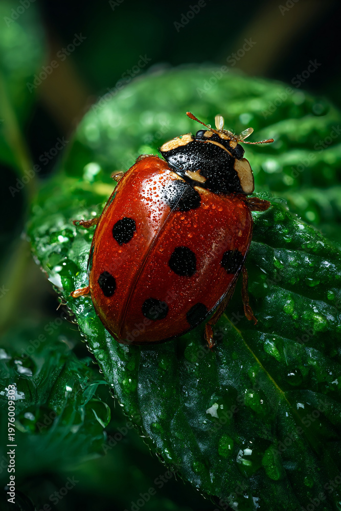 Obraz premium topdown macro ladybug on green leaf with water droplets, ultra realistic ladybug with symmetrical shell on detailed leaf, centered ladybug macro shot with lighting and natural bokeh background