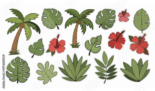 Retro doodle tropical jungle leaves and flowers sticker collection palm tree botanical vector illustration