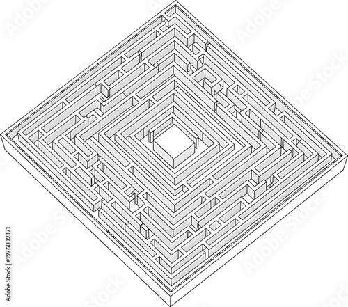 Square maze puzzle with multiple paths and dead ends, isometric line art illustration