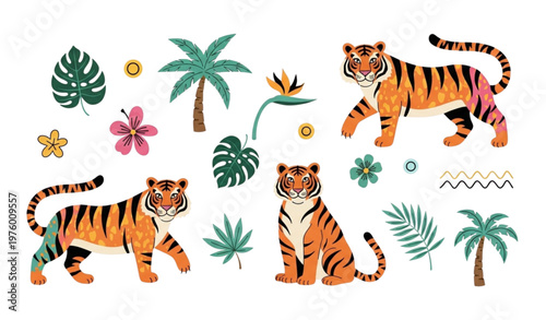 Abstract cartoon tigers tropical retro 90s hippie groovy animal vector illustration hand drawn
