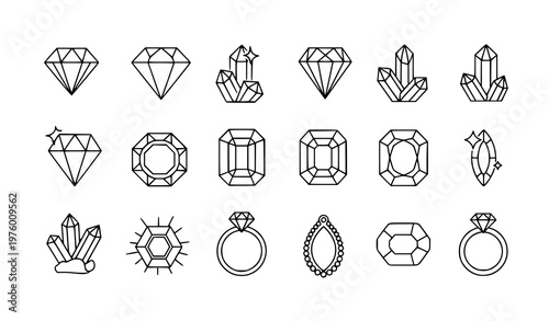 Faceted diamond and gemstone line icon collection black outline jewelry vector isolated set