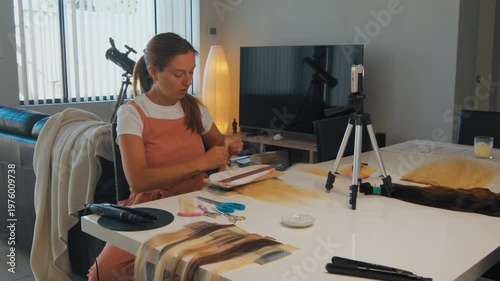 A woman is working on hair extensions at a table in a living room with a mobile phone recording her. Person doing online training in hair extensions