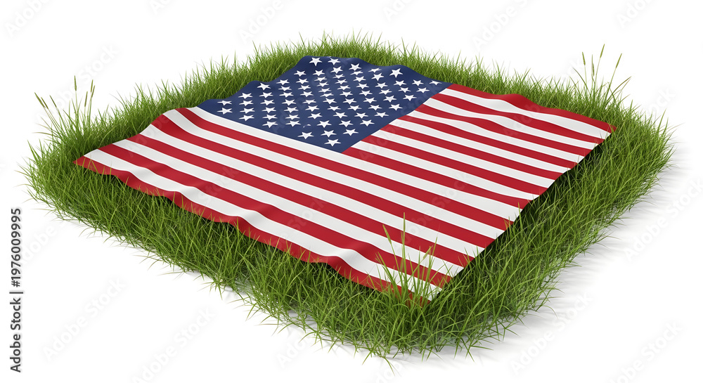 Obraz premium A patch of grass with an American flag on a white background