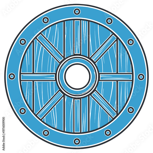 Blue wooden wheel shield with metal rim and bolts