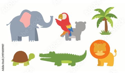Cute jungle animals vector set safari wild mammals elephant lion parrot crocodile turtle kids