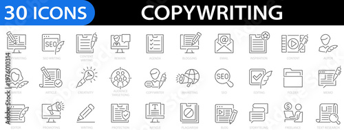 Copywriting line icon set. copywriter, marketing, content writing, editing, blog, article, email, storytelling, writer, author, folder and more. Editable stroke. Vector illustration