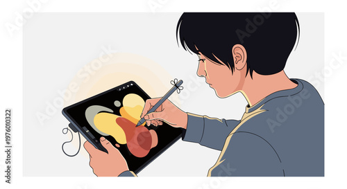 Woman using digital drawing tablet with stylus on colorful graphic design in modern workspace for creative advertising