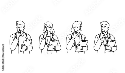 Medical doctors flat characters set male female thinking poses with notebook black and white vector illustration isolated on white