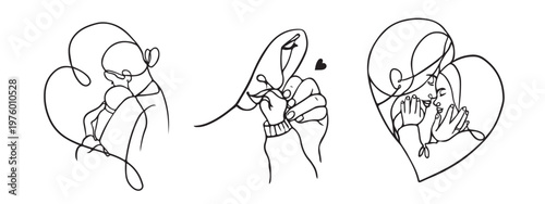 Minimalist line art of mother and newborn in tender embrace, hands holding tiny fingers and loving connection. Concept of family care, motherhood, bonding and warmth, ideal for family and mothers day 