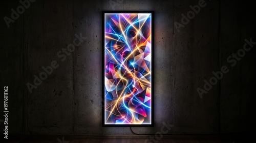 Vibrant abstract light panel glowing with dynamic lines and geometric shapes on a dark concrete wall creating a futuristic mood