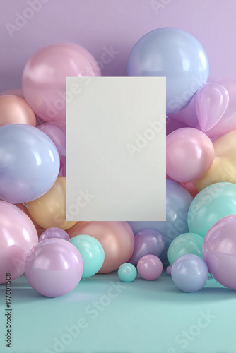 Colorful balloons create a backdrop with an empty space for text or images