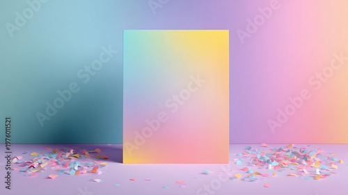 Colorful background with paper and confetti on table for creative projects