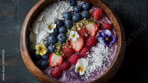 Fruit and nut bowl with yogurt and toppings served in a wooden dish