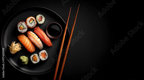 Sushi rolls and sashimi arranged on a black plate with chopsticks and sauces