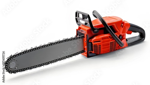 Power Tool's Precision: A striking shot of a brand new, powerful chainsaw, ready to take on the most demanding tasks. The vivid colors and sharp details highlight the machine's strength and readiness.