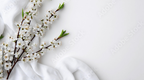 White flowers and soft fabric create a simple still life on a light background