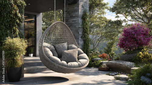 Swing chair hangs on patio with plants and flowers in outdoor space