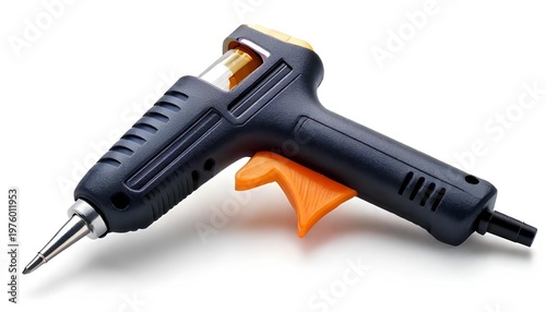 Hot Glue Gun Close-up: A detailed studio shot of a sleek hot glue gun, ideal for crafting projects and quick fixes. This tool represents innovation in the creative DIY world.