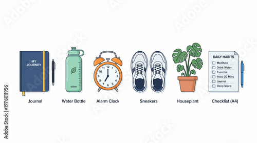 Daily Essentials: A carefully curated collection of items essential for a balanced daily routine, including a journal, water bottle, alarm clock, sneakers, a houseplant, and a checklist.