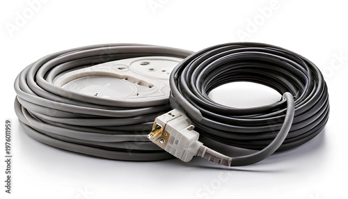 Electrical Extension Cord: An organized presentation of grey electrical extension cord with a white socket and a coiled cord with precision, ready for industrial and domestic usage. 