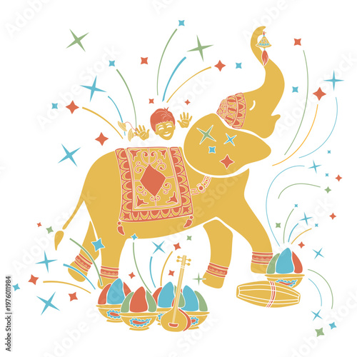 Indian Elephant festive ornamented, color powder in bowls and boy. Hand drawn vector illustration flat. Holiday and festive design, for oriental magazines, maps greeting cards, Diwali Holi clip arts.