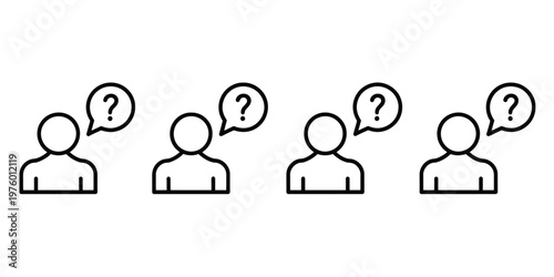 Question mark icon above person in outline vector style, depicting asking, user inquiry, curiosity, and assistance on white background.