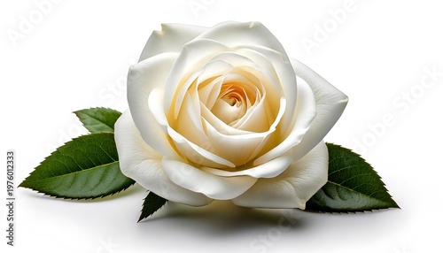 Pure Elegance: A delicate white rose, with layers of soft petals unfurling to reveal a hint of golden warmth at its heart, rests gently alongside lush green leaves.