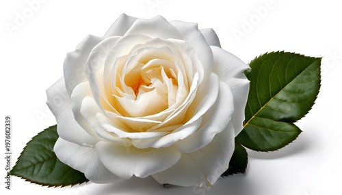 Radiant Bloom: A pristine white rose, its delicate petals unfurling in a display of natural elegance, accented by lush green foliage.