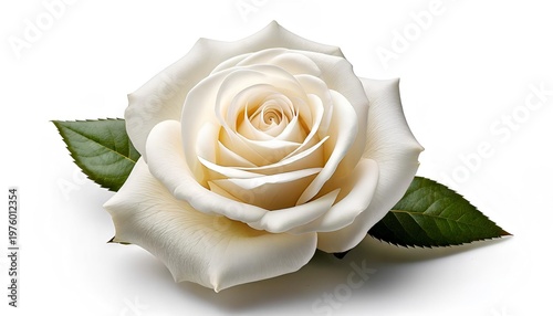 Ivory Rose's Elegant Bloom: A close-up view of a pristine ivory rose, its delicate petals unfurling in graceful layers, accompanied by lush green leaves.