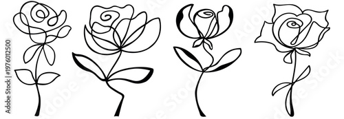 Set flowers on a stem with leaves. Vector illustration for your design. Simple linear style.	

