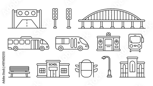 Urban Infrastructure Line Icon Set  Transport, Road, Public Services and City Elements Collection