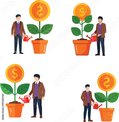 Businessman watering money tree with gold coin in pot for financial growth and investment concept isolated vector set
