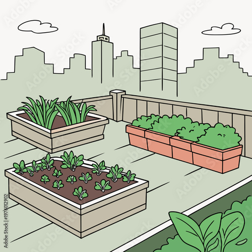A vibrant rooftop garden with planters and a city skyline in the background