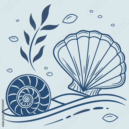 A minimalist vector illustration of a seashell and nautilus shell underwater with seaweed and bubbles