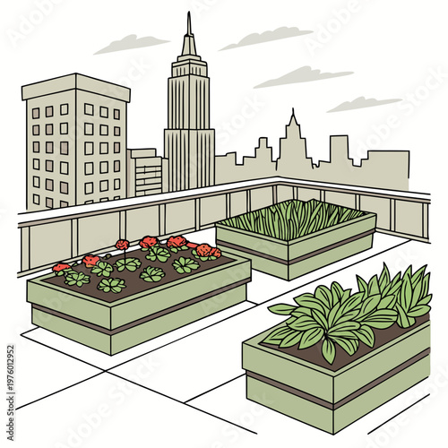 A vector illustration of a rooftop garden with planters and a city skyline in the background