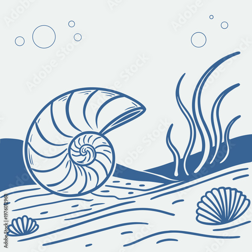 A minimalist blue and white illustration of a nautilus shell on the ocean floor with seaweed and seashells