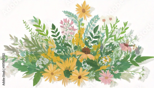 Vibrant floral arrangement showcasing diverse wildflowers and greenery.