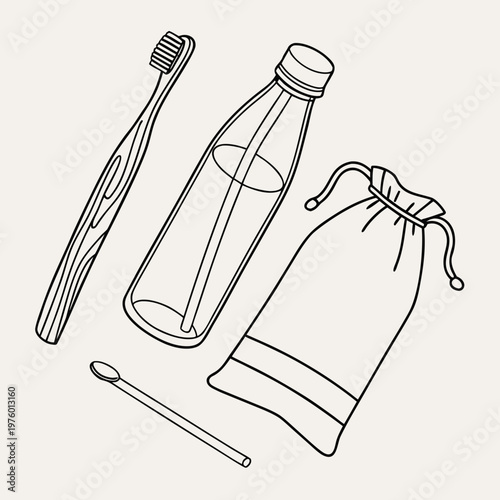 A minimalist line art illustration of a toothbrush, toothpaste, water bottle, and travel bag for oral hygiene on the go