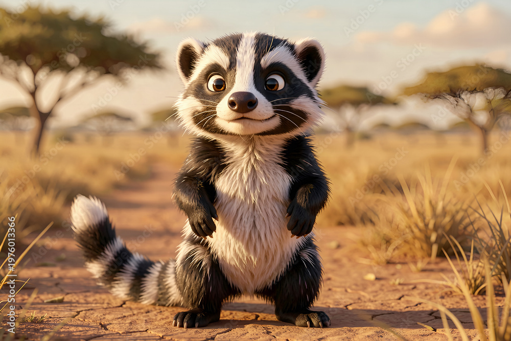 Obraz premium Adorable Cartoon Raccoon Standing in Savanna Landscape - High-Quality 3D Render