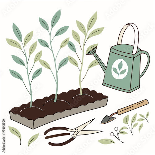 A vector graphic illustration of gardening tools and plants in a flat minimal style