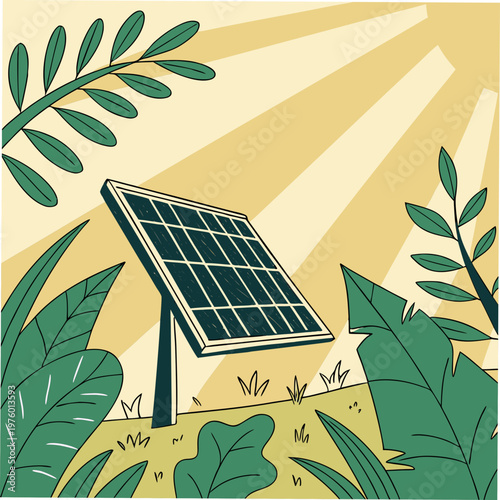 A vector graphic illustration of a solar panel surrounded by lush green leaves and sun rays on a yellow background